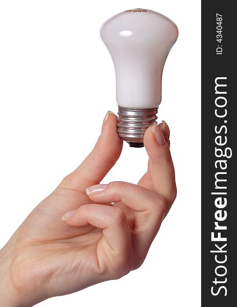 Female hand holding bulb.Isolated on white.