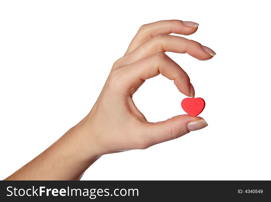 Hand holding little red heart.Isolated on white.