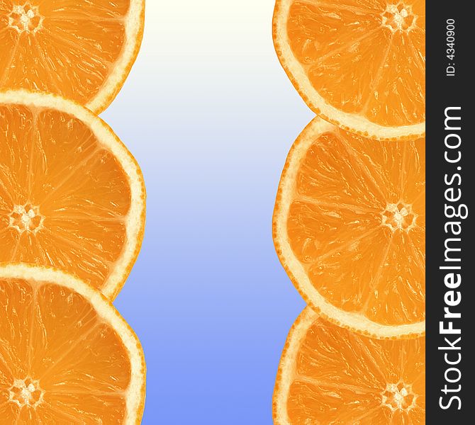 Six fresh orange slices, three on each side on a vertical axis, with a blue and white gradient center in between.