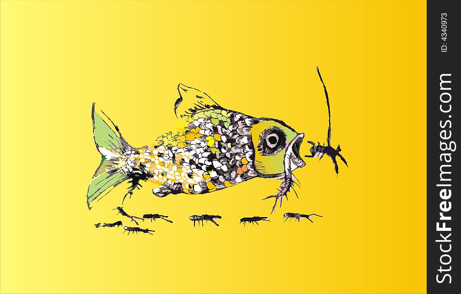 A fish eating little bugs on yellow background