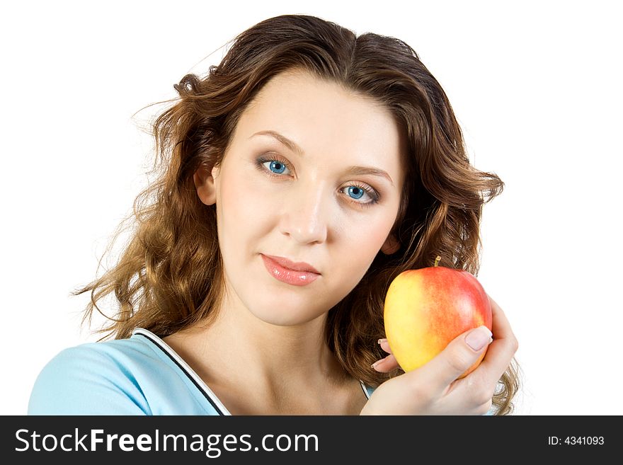 Young women with apple. Isolate on white.