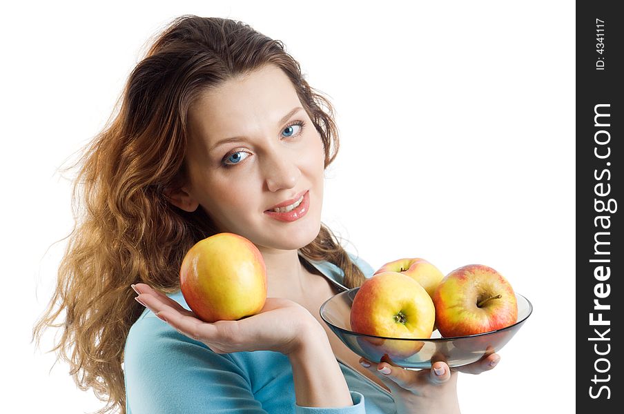 Young women with apples. Isolate on white.