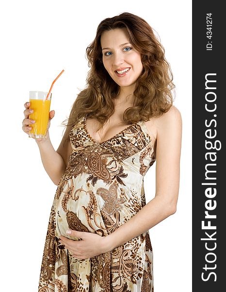 Happy pregnant woman drink juice. Isolate on white. Happy pregnant woman drink juice. Isolate on white.
