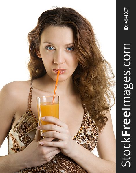 Attractive brunette drink orange juice. Isolate on white. Attractive brunette drink orange juice. Isolate on white.