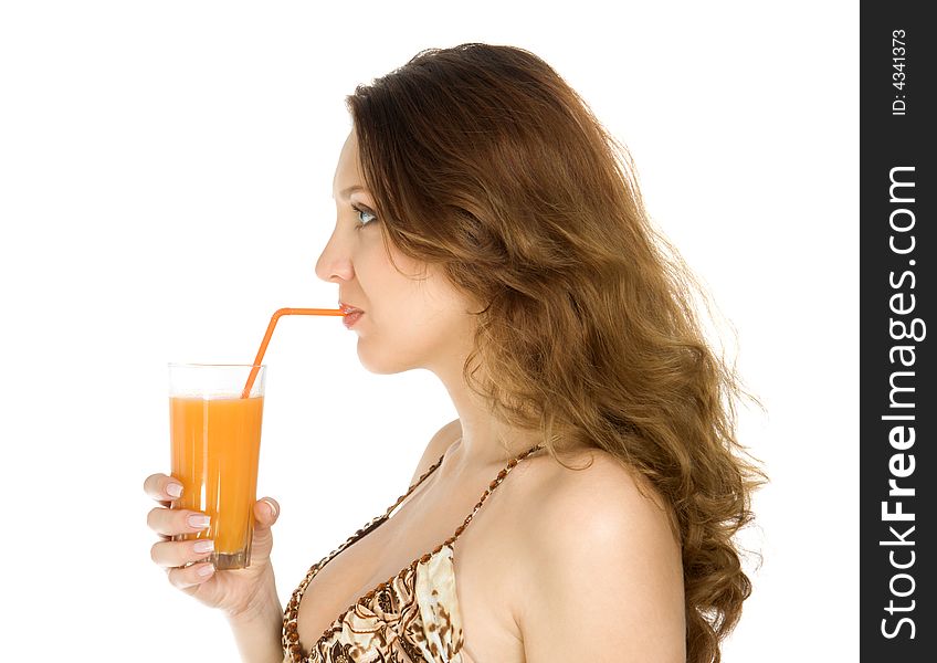 Attractive brunette drink orange juice. Isolate on white. Attractive brunette drink orange juice. Isolate on white.