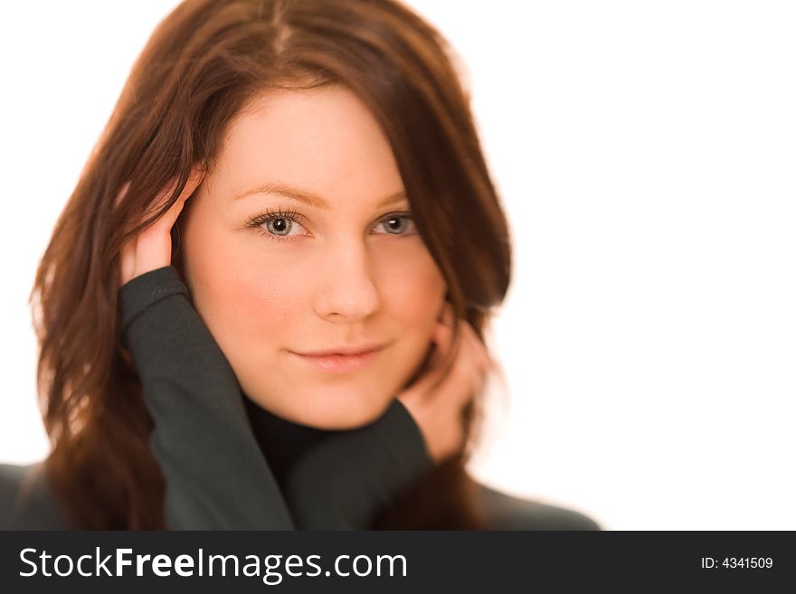 Portrait of young beautiful woman on white background