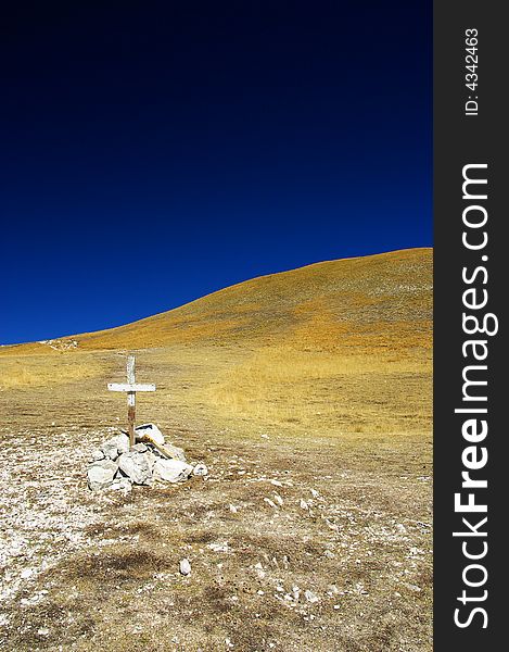 Mountain Monte Vettore with cross - Italy. Mountain Monte Vettore with cross - Italy