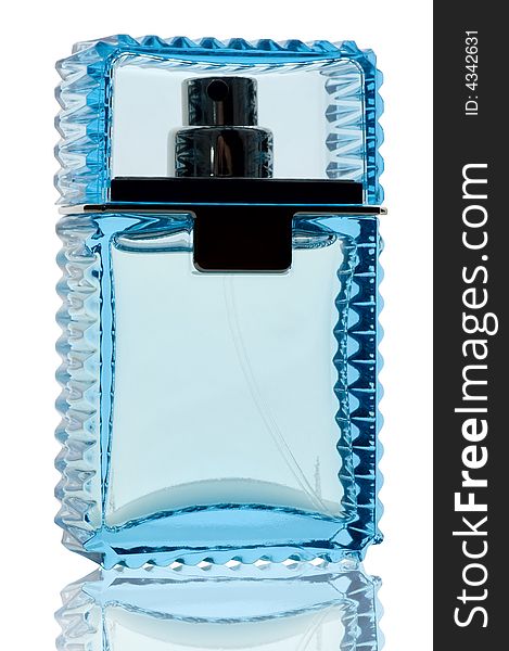 Blue perfume bottle with reflection on white background