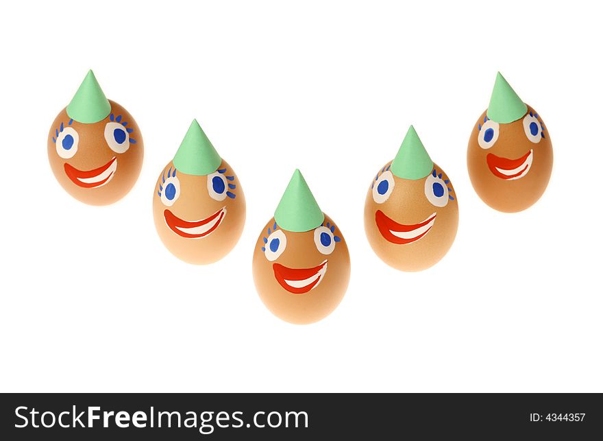 Funny, easter eggs, green caps, white background. Funny, easter eggs, green caps, white background
