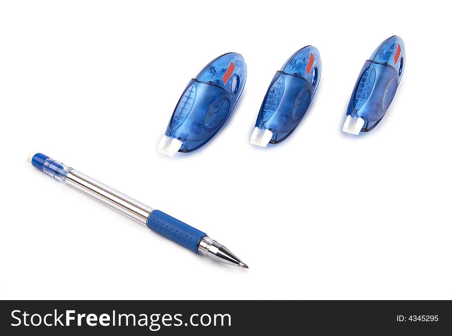 Three pen correctors and Pen on white