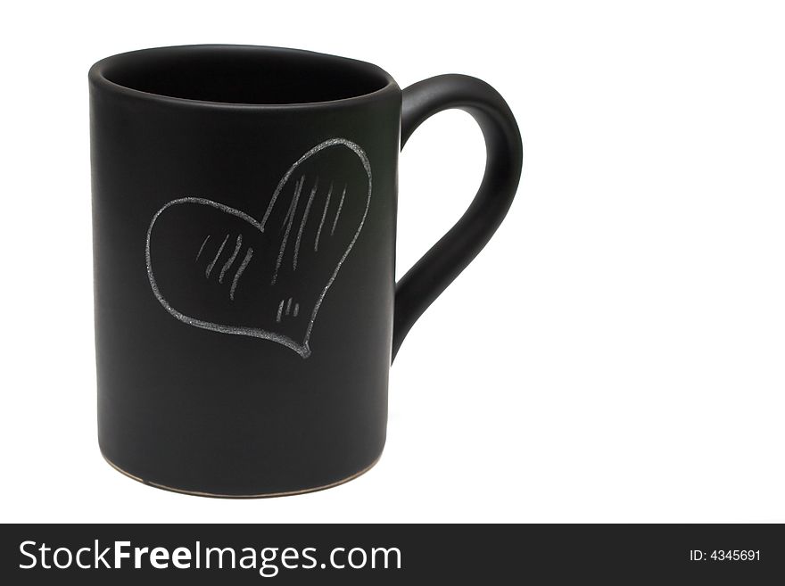 Black coffee cup with chalk drawing of heart on white background. Black coffee cup with chalk drawing of heart on white background