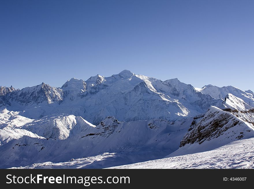 A view of Mont Blanc the highest peak in Western Europe and the surrounding mountains.