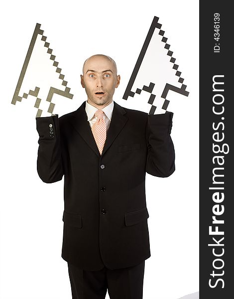 A bald executive showing two cursors heading upwards indicating growth. A bald executive showing two cursors heading upwards indicating growth