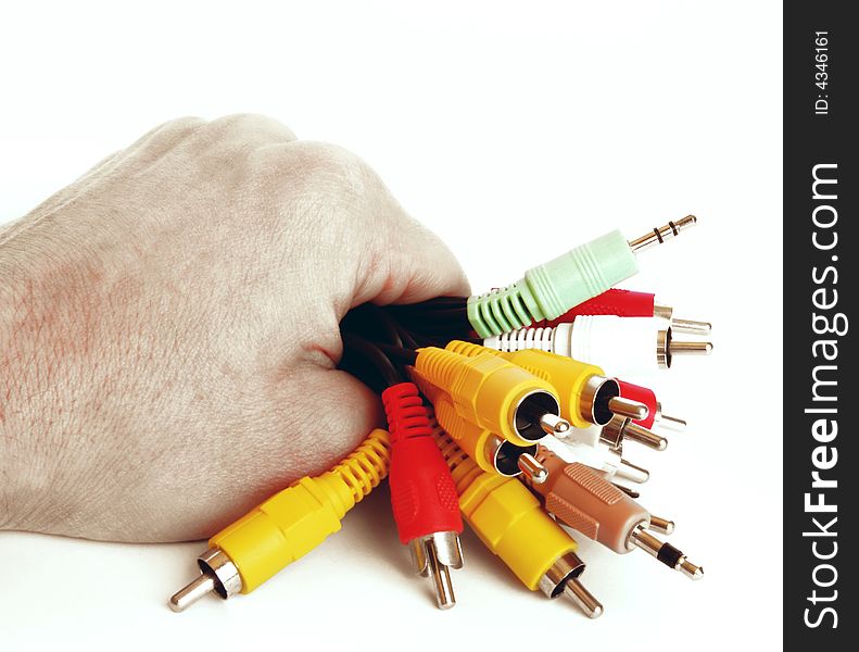Varicoloured Cable In A Hand On A White Background