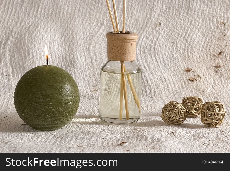 Aroma therapy objects. bottle of esential oil, candles