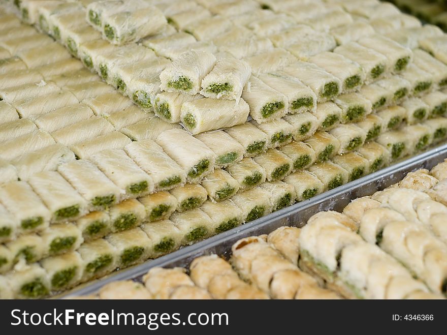 Arabic sweets on the tray during production