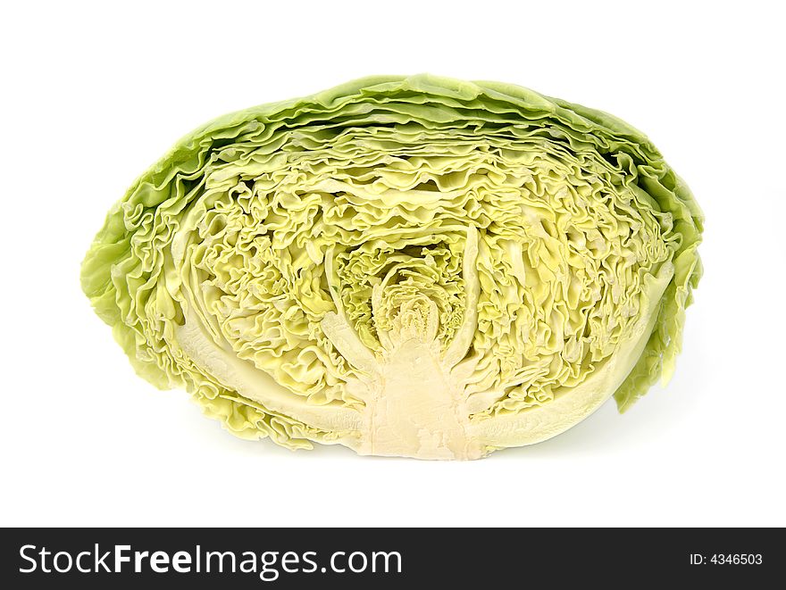 Foreground sliced cabbage on a white background