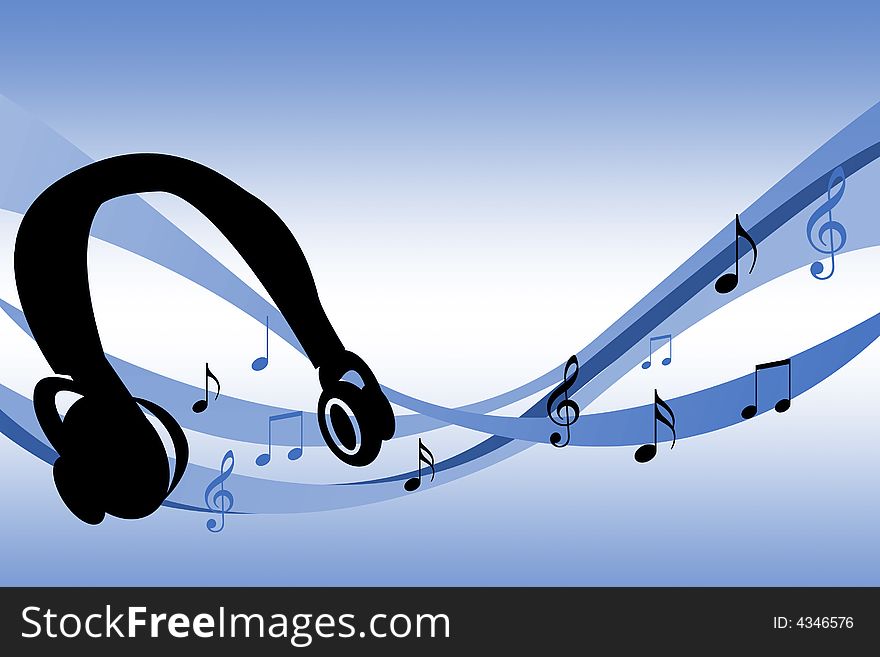 Illustration of a pair of headphones with musical notes. Illustration of a pair of headphones with musical notes