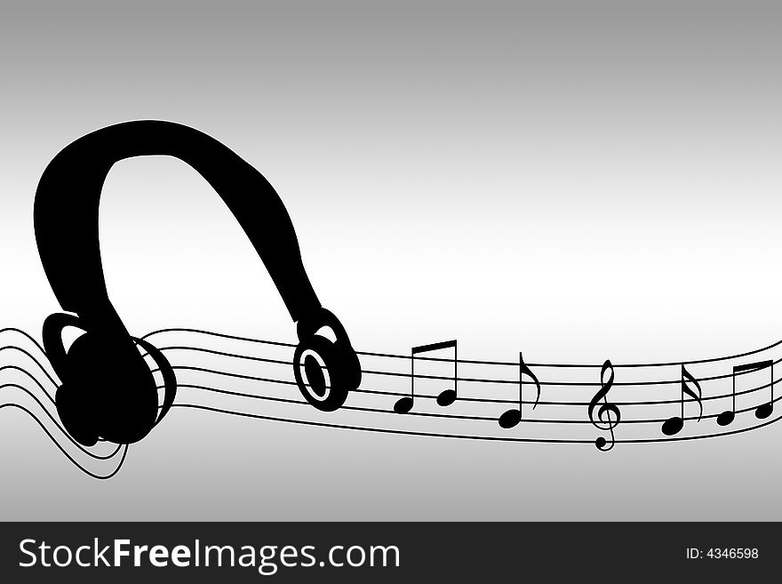 Illustration of a pair of headphones with musical notes. Illustration of a pair of headphones with musical notes