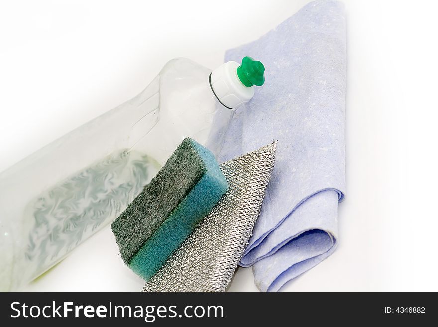 Cleaning supplies on white background