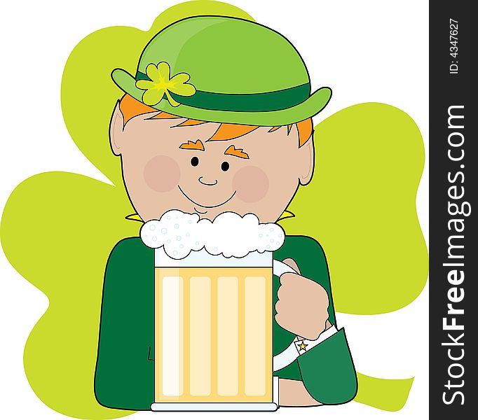 A leprechaun holding a big stein of beer and wearing a bowler hat with a shamrock on it. A leprechaun holding a big stein of beer and wearing a bowler hat with a shamrock on it