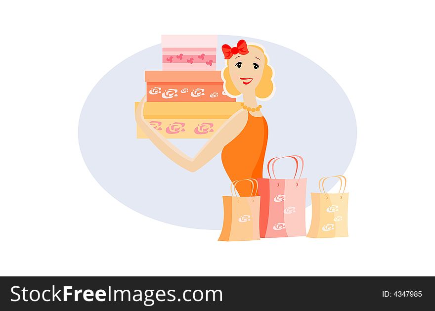 Vector image of girl after shopping isolated on white