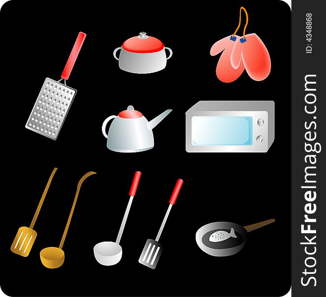 Vector illustration of red Kitchen utensils and a black background. Vector illustration of red Kitchen utensils and a black background