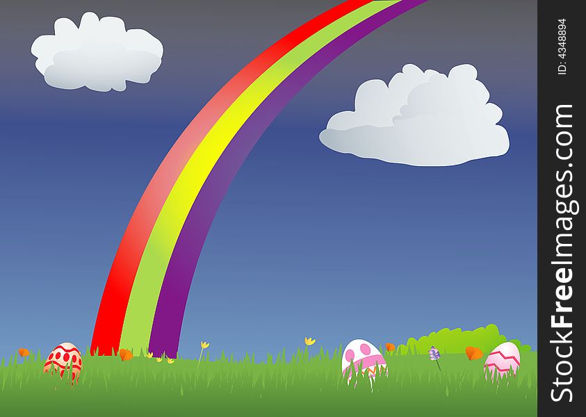 Rainbow in a field with Easter eggs. Rainbow in a field with Easter eggs