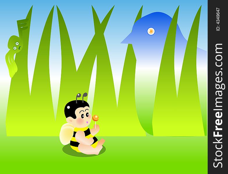 Vector illustration for a baby bee eating a sweet and behind are danger waiting for him.