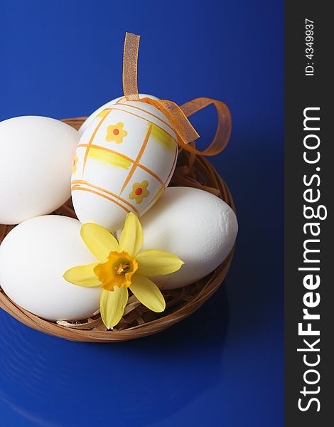 Easter eggs with yellow flower in basket on blue background.