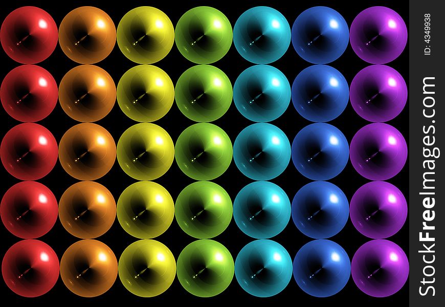 Rows of balls, Color of rainbow, on black background