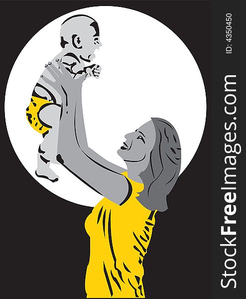 Illustration of mother holding her baby with white spotlight and black background. Illustration of mother holding her baby with white spotlight and black background