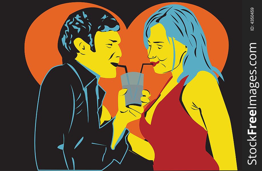 Illustration of man and women drinking juice from the same glass. Illustration of man and women drinking juice from the same glass