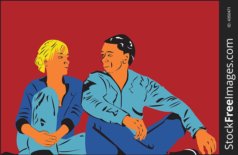 Illustration of a loving couple on dark red background