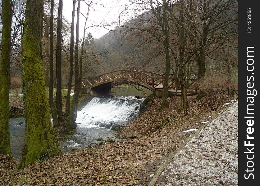 Autumn detail of wooden bridge