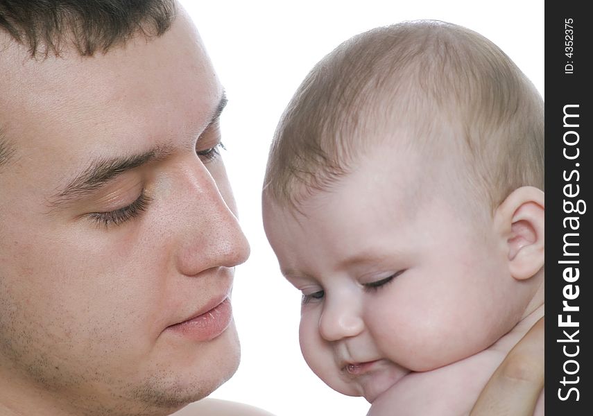 Father and baby on the white background