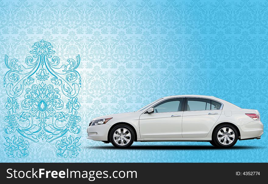 A car in a blue background with some illsuions. A car in a blue background with some illsuions.