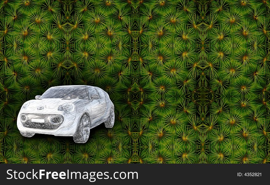 A car in a green cactus background with some illsuions. A car in a green cactus background with some illsuions.