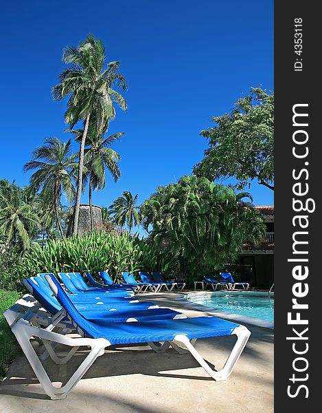 Empty sunbeds around a swimming pool with palm trees gently blowing in the breeze in Barbados. Empty sunbeds around a swimming pool with palm trees gently blowing in the breeze in Barbados