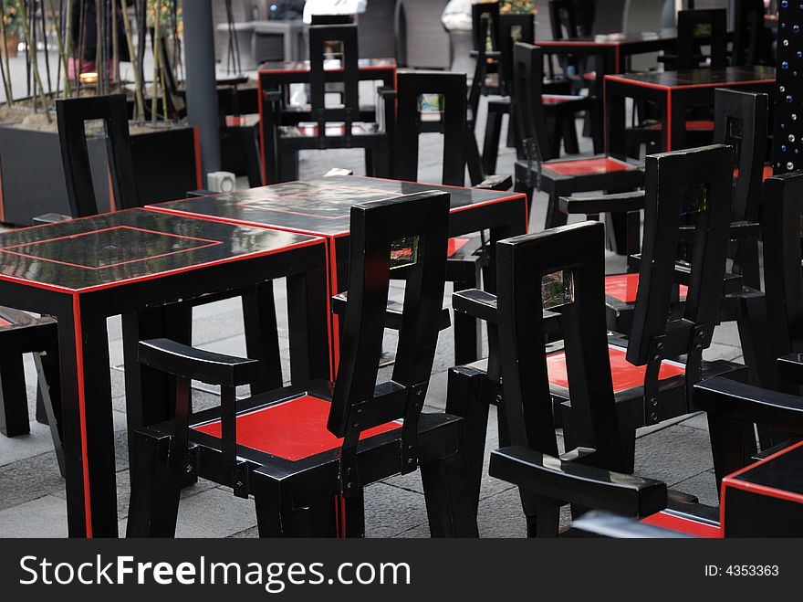 Black and red tables and chairs. Black and red tables and chairs.