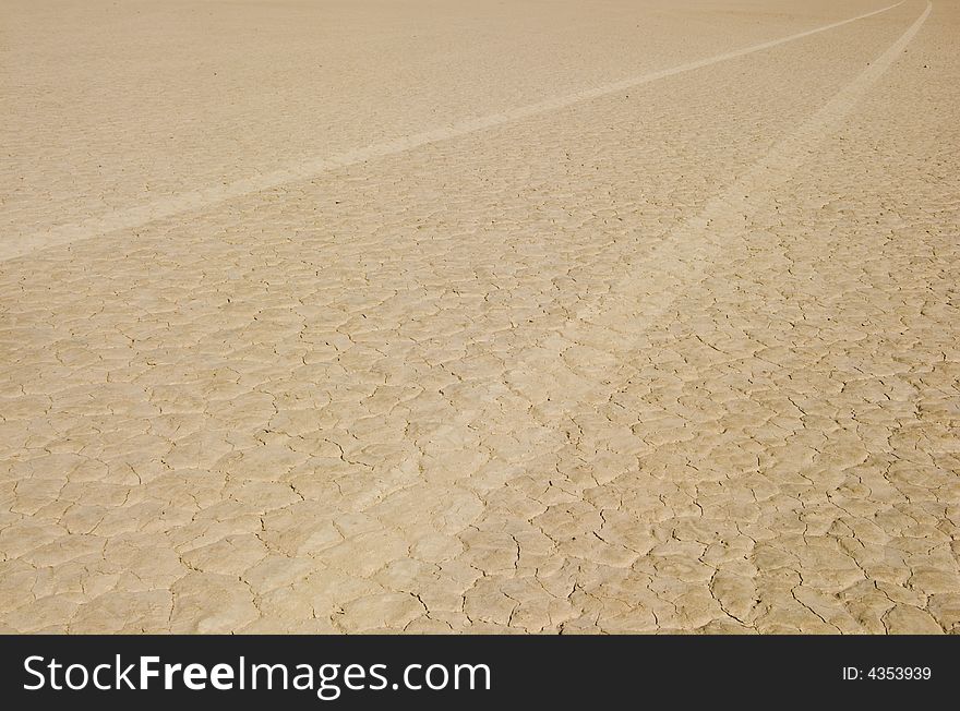 Tires track on dry lake, nevada