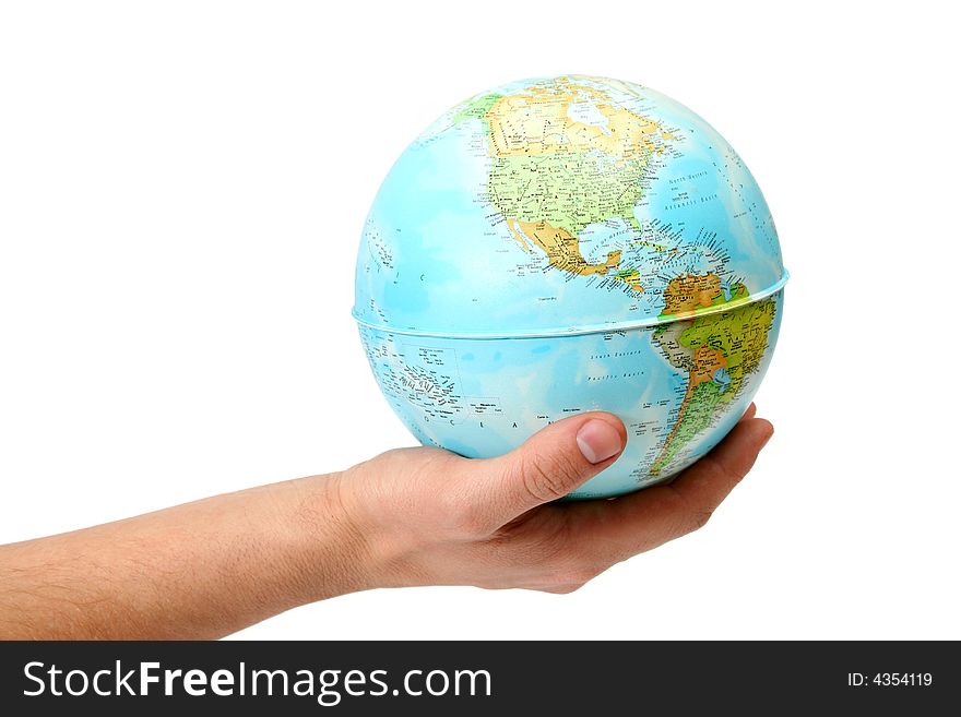 Globe in hand on white background