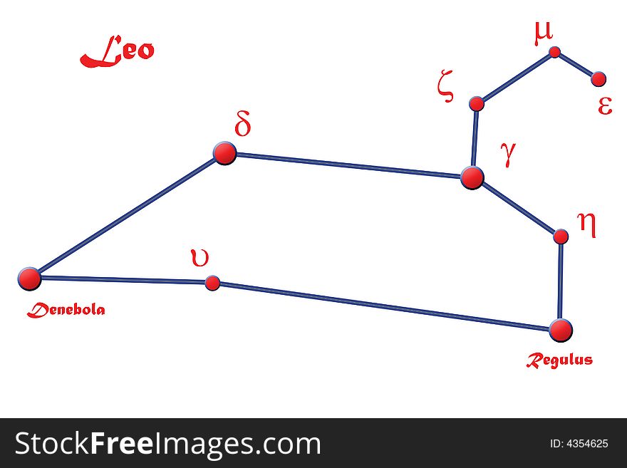 It's the constellation of leo, blue and red. There are the big and the small stars, the greek letters to indicate them, and the text Leo. The letters and the text can be easily deleted if you do not like it!. It's the constellation of leo, blue and red. There are the big and the small stars, the greek letters to indicate them, and the text Leo. The letters and the text can be easily deleted if you do not like it!