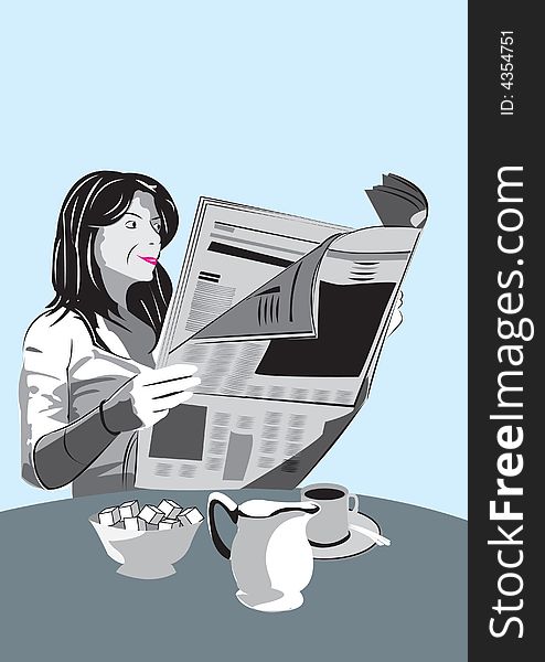 Illustration of a women reading morning news