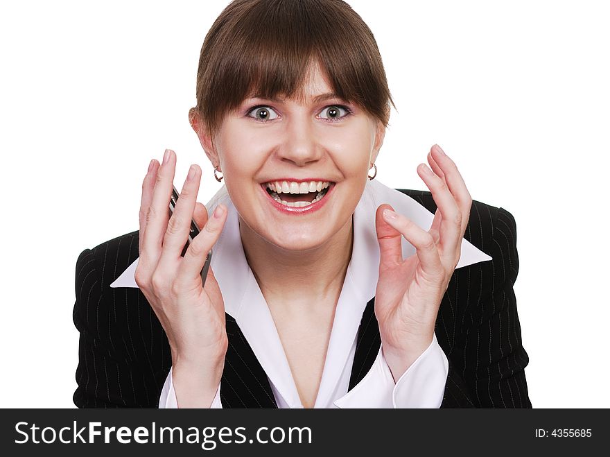 Portrait of a very surprised beautiful business woman, isolated on a white background. Portrait of a very surprised beautiful business woman, isolated on a white background