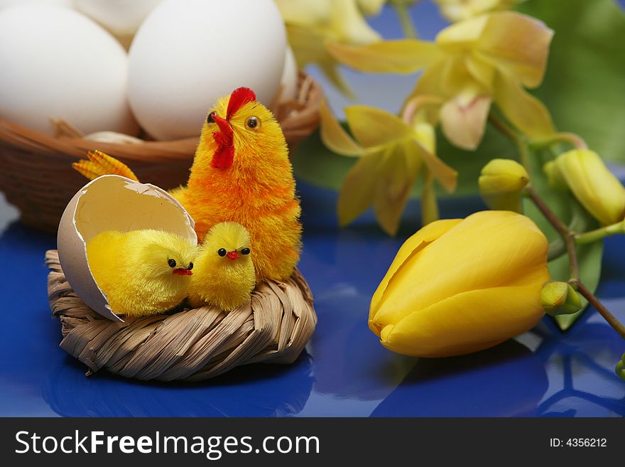 Easter motive.Hen and her chicks on easter background..