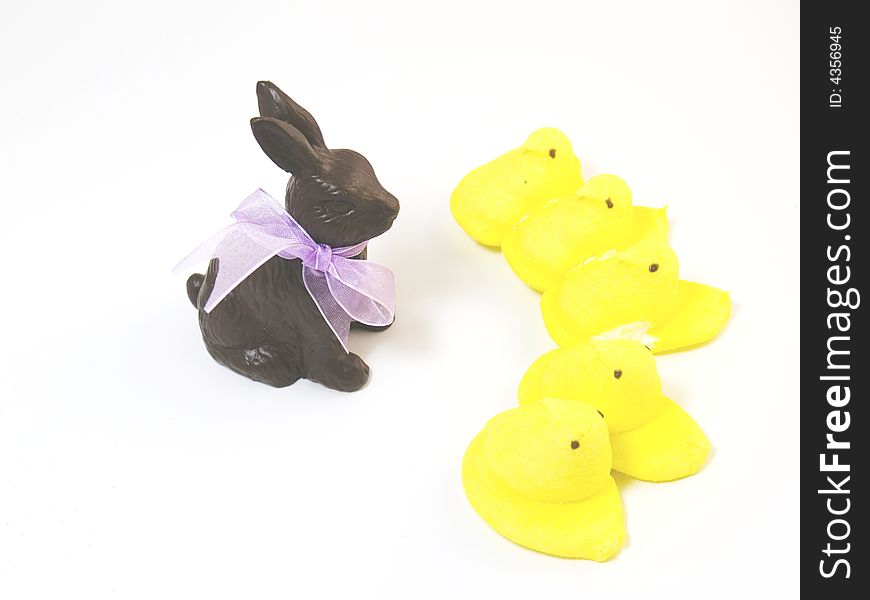 Chocolate Easter Bunny with Yellow Marshmallow Chicks. Chocolate Easter Bunny with Yellow Marshmallow Chicks