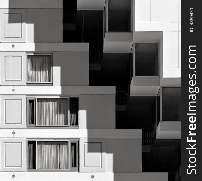 An abstract black and white photo of modern/postmodern hotel architeture. An abstract black and white photo of modern/postmodern hotel architeture.