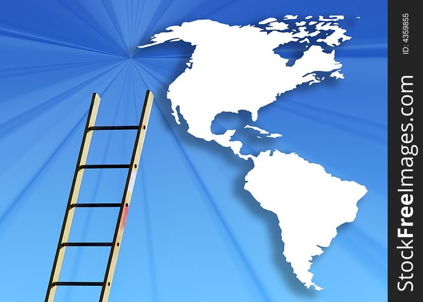 Conceptual image showing ladder against outline map of America. Conceptual image showing ladder against outline map of America