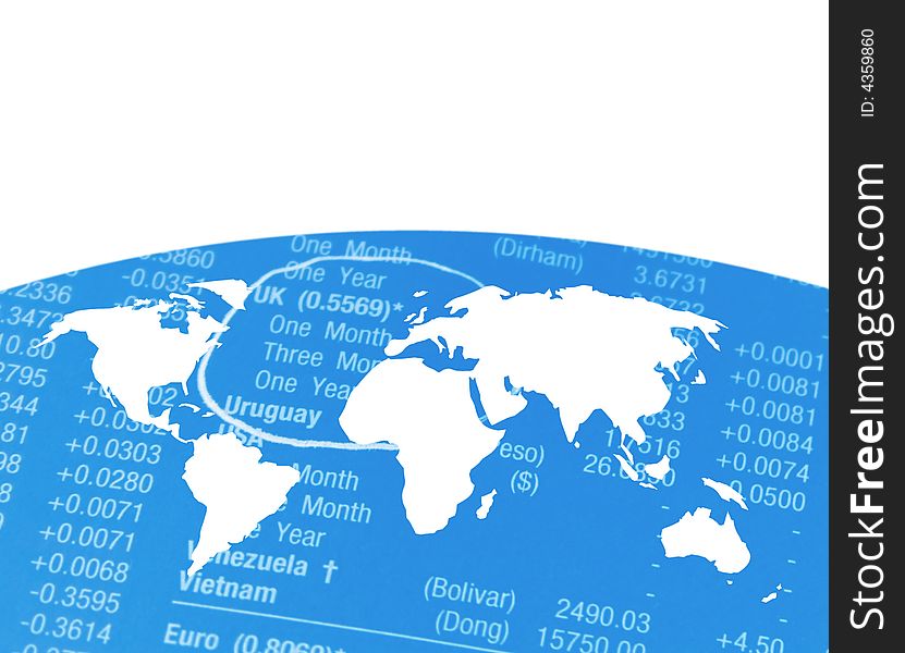 Outline map of world on financial figures. Outline map of world on financial figures